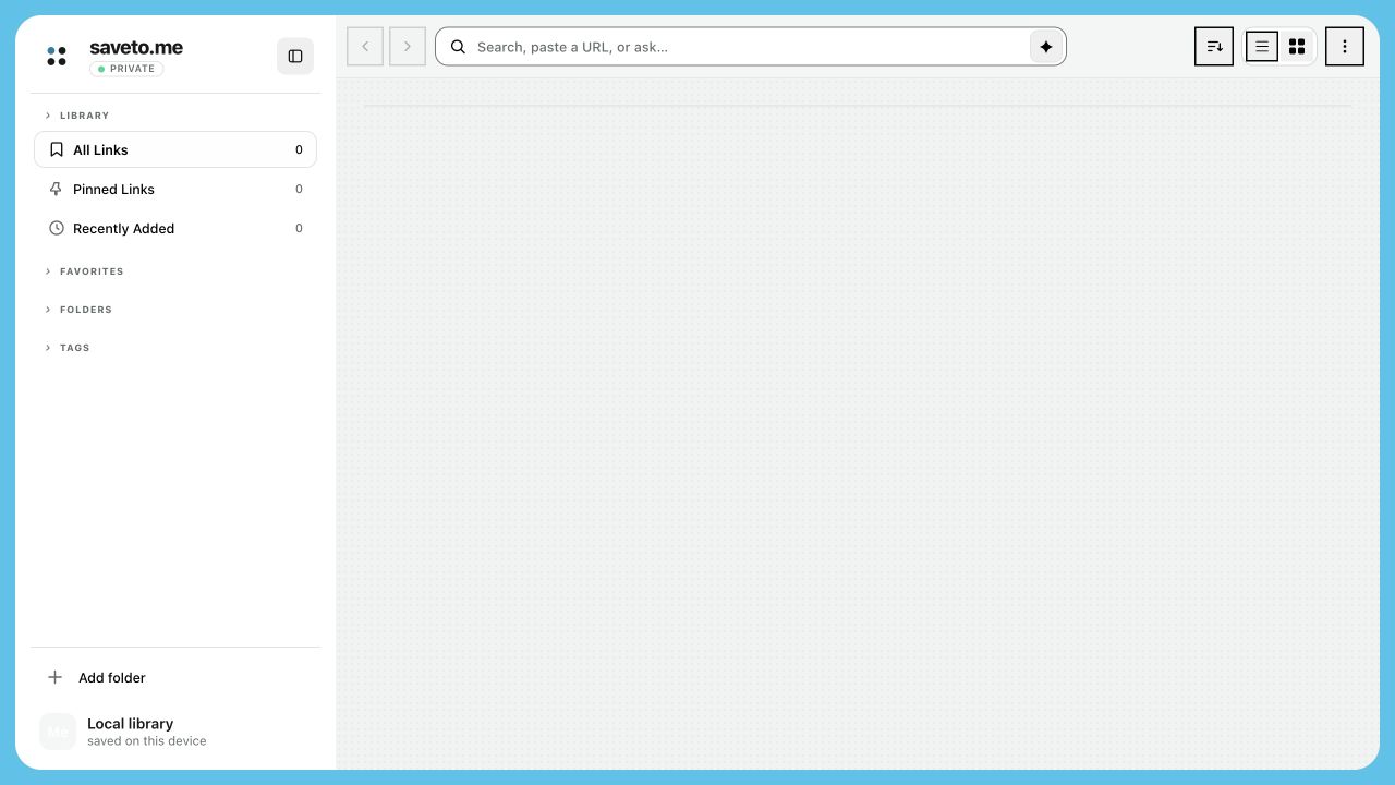 The real saveto.me library interface with smart search, folders, and compact navigation